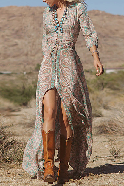 Bohemian Printed Dress Elastic Waist V-neck Maxi Dress