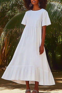 Vacation Casual Loose Dress White Crew Neck Ruffle Short Sleeve Maxi Dress