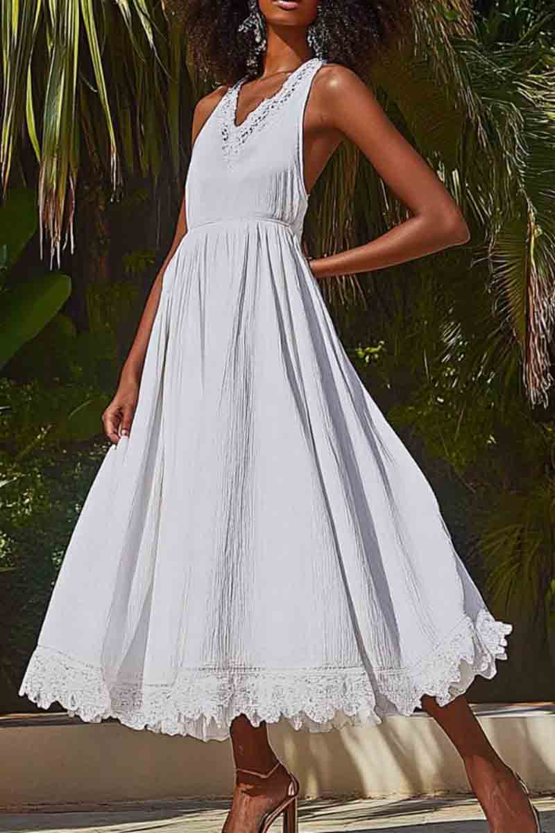 Vacation Casual Loose Dress White V Neck Lace Sleeveless Maxi Dress