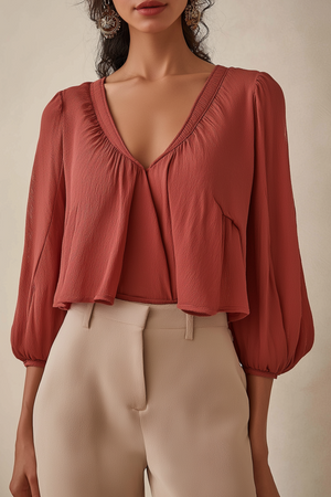 Basic Casual Crop Top V Neck Red Ruffle 3/4 Length Sleeve Top