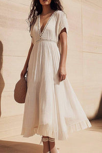 Vacation Casual Loose Dress White V Neck Ruffle Short Sleeve Maxi Dress