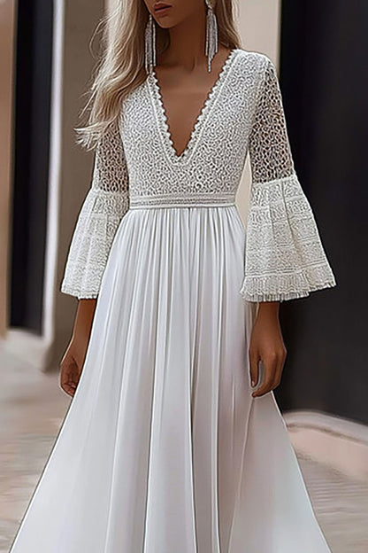 Elegant Lace Dress Regular Fit Dress White Deep V 3/4 Length Sleeve Maxi Dress