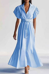 Elegant Dress Regular Fit Dress Blue Shirt Collar Short Sleeve Maxi Dress