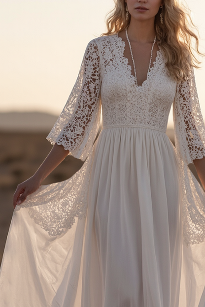 Elegant Lace Dress Regular Fit Dress White V Neck 3/4 Length Sleeve Maxi Dress