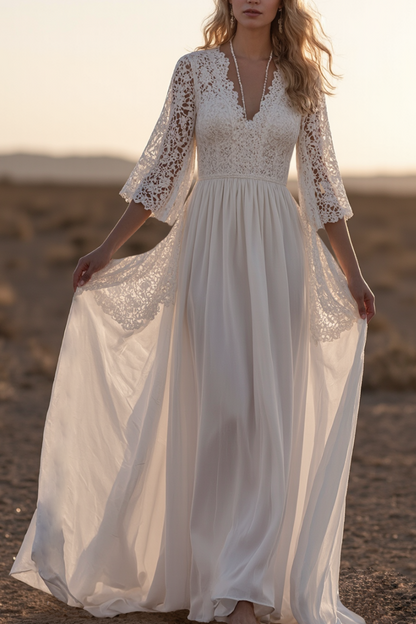 Elegant Lace Dress Regular Fit Dress White V Neck 3/4 Length Sleeve Maxi Dress