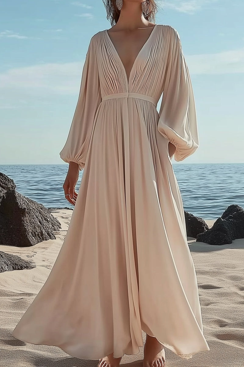 Vacation Casual Swing Loose Dress Beige V Neck Pocket Long Sleeve Maxi Dress