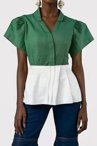 Basic Casual Top Split Neck Green Ruffle Short Sleeve Top