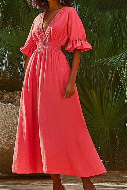 Vacation Casual Loose Dress Red V Neck Ruffle Half Sleeve Maxi Dress