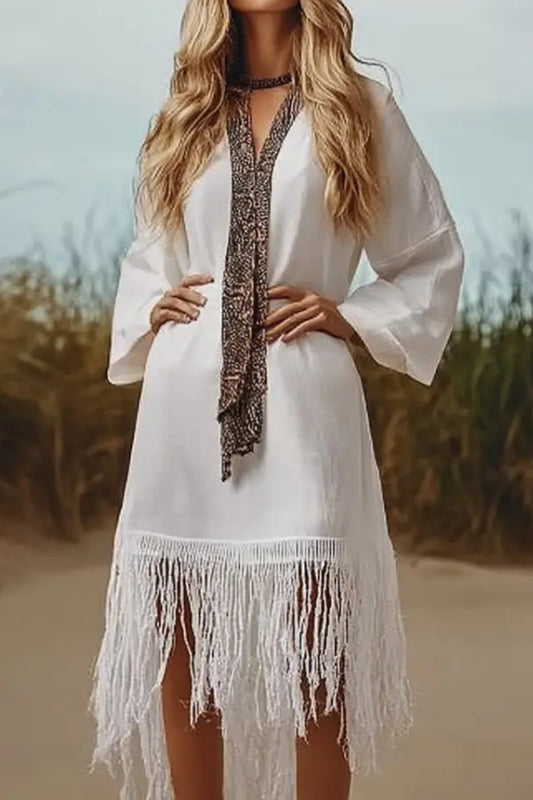 Vacation Casual Loose Boho Dress White V Neck Tassel Long Sleeve Midi Dress