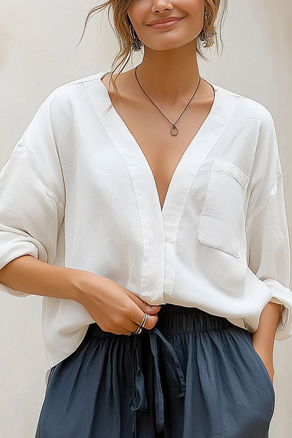 Casual Vacation Tops White Deep V-neck Long Sleeve Breathable Linen Shirt