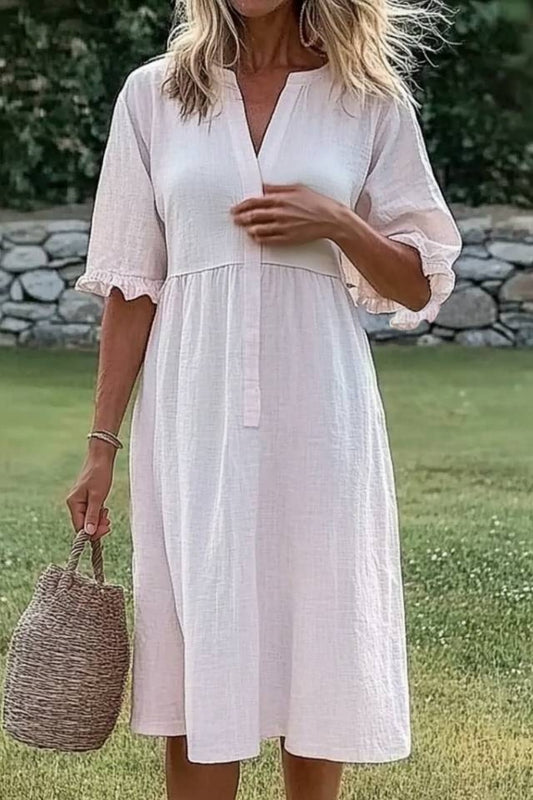 Vacation Casual Loose Dress White V Neck Ruffle Half Sleeve Midi Dress