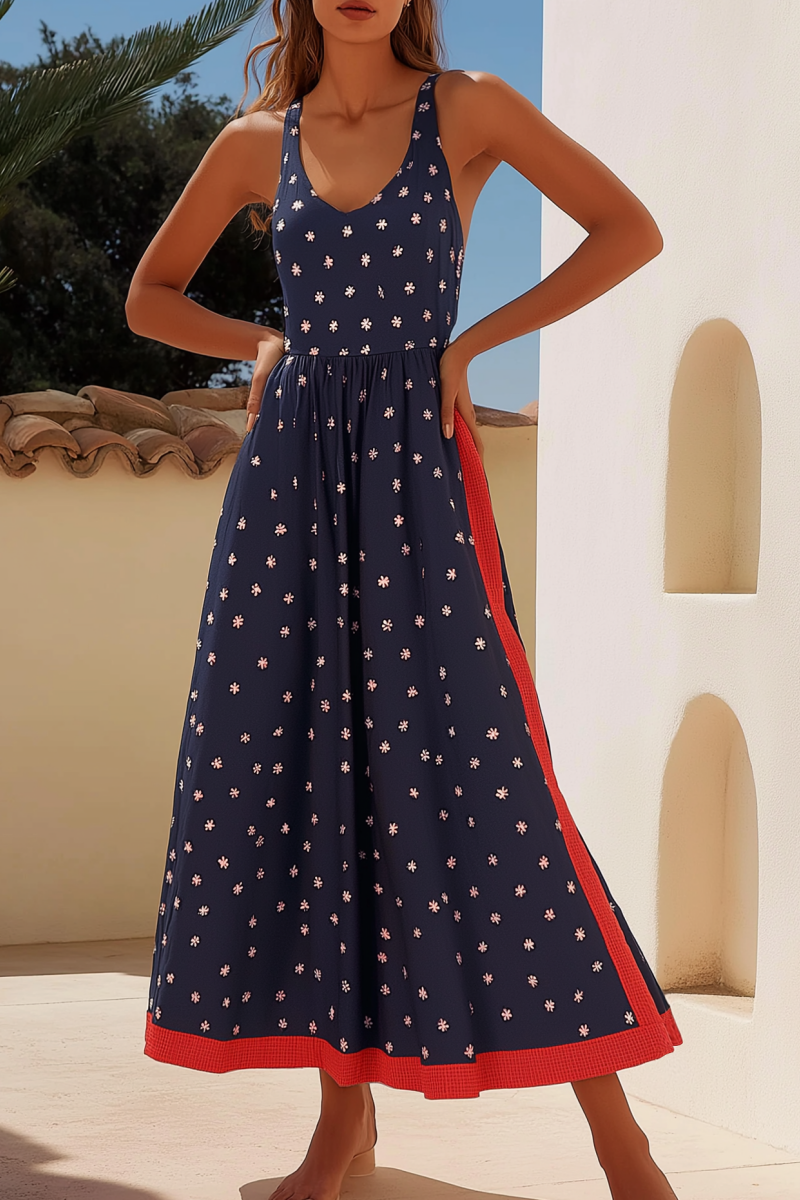 Vacation Casual Loose Dress Navy Blue U Neck Dot Sleeveless Maxi Dress