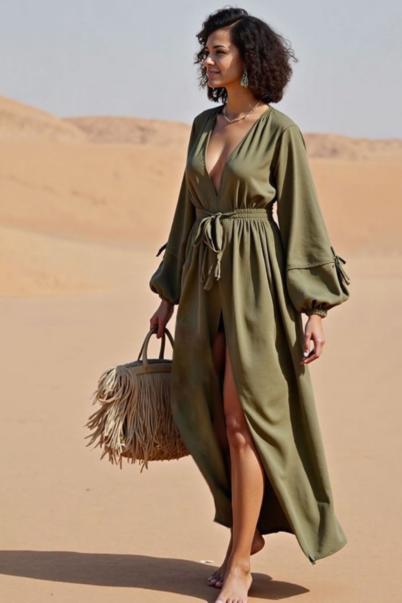 Vacation Casual Loose Dress Green V Neck Split Long Sleeve Maxi Dress