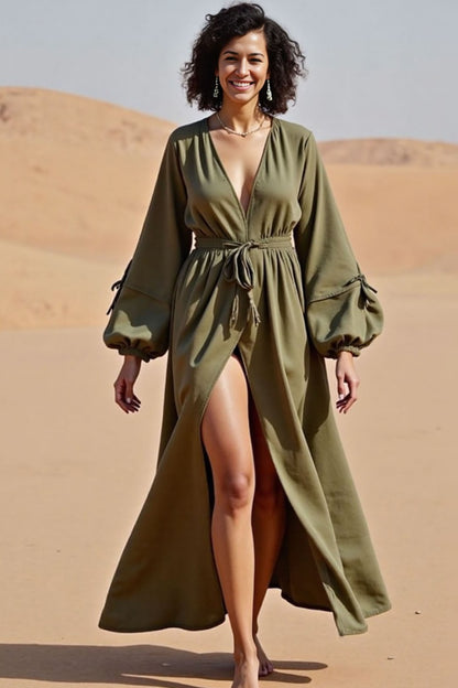 Vacation Casual Loose Dress Green V Neck Split Long Sleeve Maxi Dress