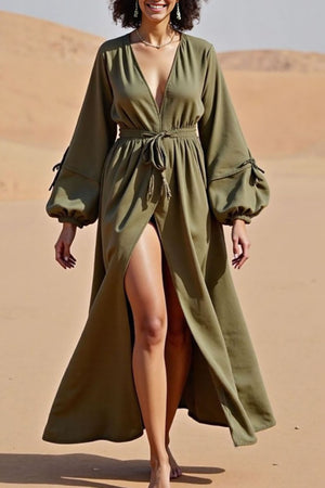 Vacation Casual Loose Dress Green V Neck Split Long Sleeve Maxi Dress