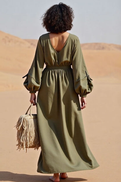 Vacation Casual Loose Dress Green V Neck Split Long Sleeve Maxi Dress