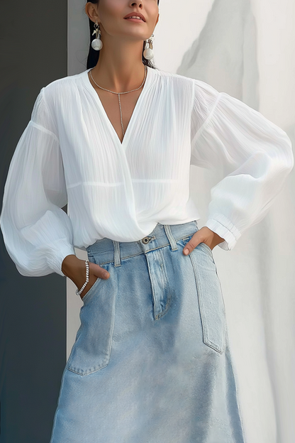 Basic Casual Top V Neck White Long Sleeve Top