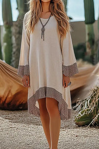 Vacation Casual Loose Boho Dress Beige Crew Neck Patchwork Long Sleeve Midi Dress