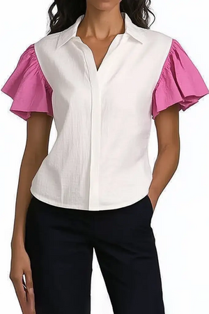 Basic Casual Top Shirt Collar White Ruffle Short Sleeve Top