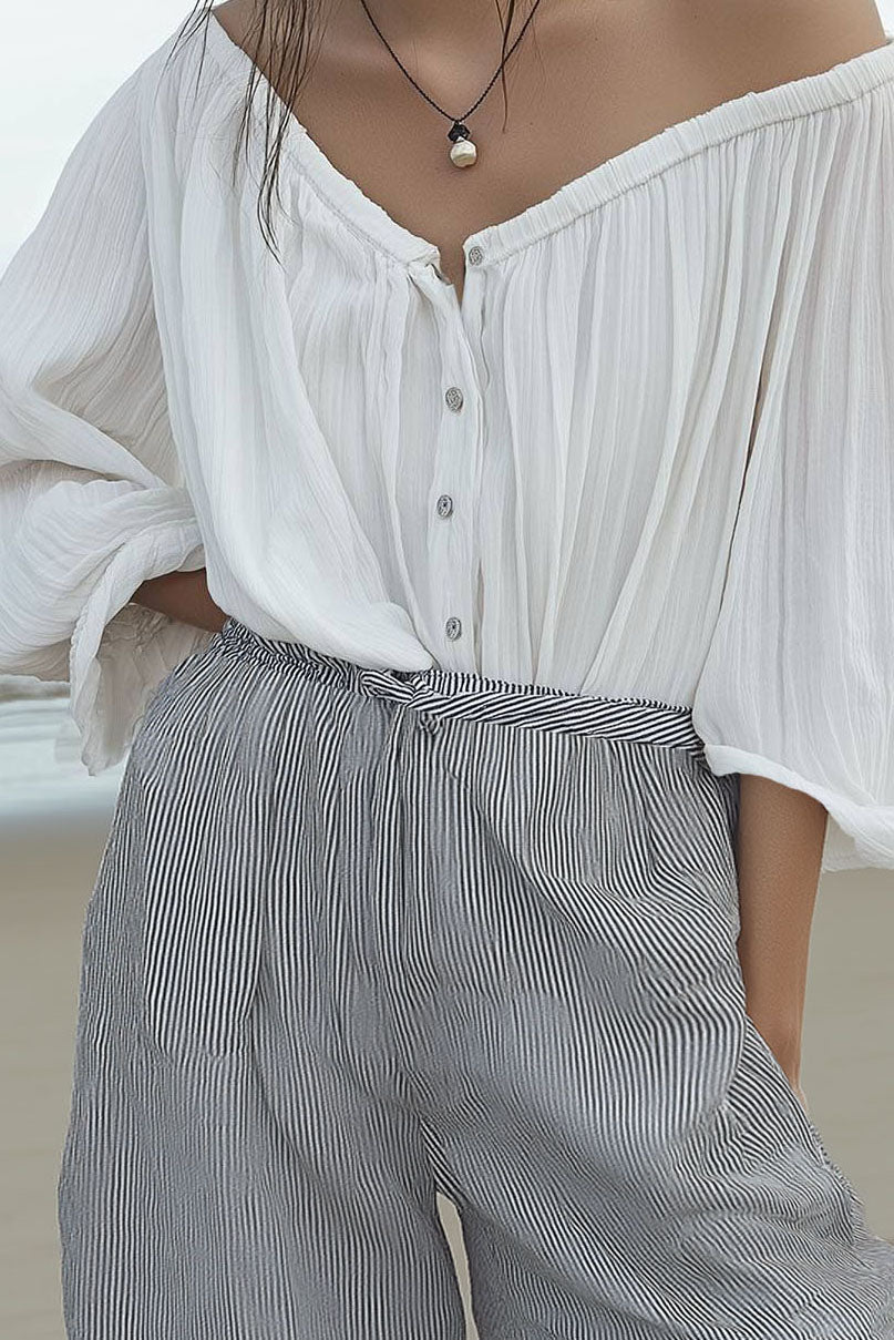 Casual Daily Loose Tops Buttoned Elastic Off-shoulder Shirt