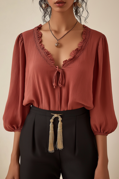 Basic Casual Top V Neck Red Ruffle 3/4 Length Sleeve Top