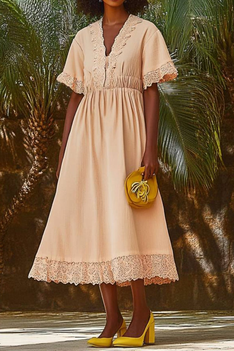 Vacation Casual Loose Dress Pink V Neck Lace Short Sleeve Maxi Dress