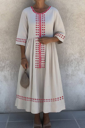 Vacation Casual Loose Dress White V Neck Patchwork 3/4 Length Sleeve Maxi Dress