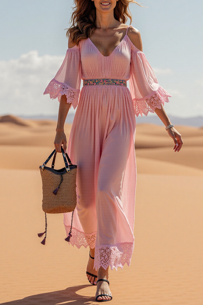 Vacation Casual Loose Dress Pink V Neck Lace 3/4 Length Sleeve Maxi Dress