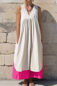 Vacation Casual Loose Dress White V Neck Color Block Sleeveless Maxi Dress