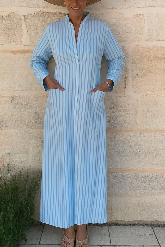 Vacation Casual Loose Dress Blue V Neck Print Pocket Long Sleeve Maxi Dress