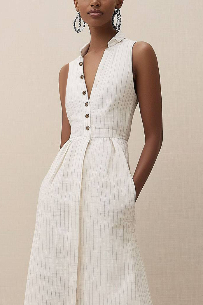 Daily Casual Linen Dress Sleeveless Button-Down Pocket Lapel Midi Dress