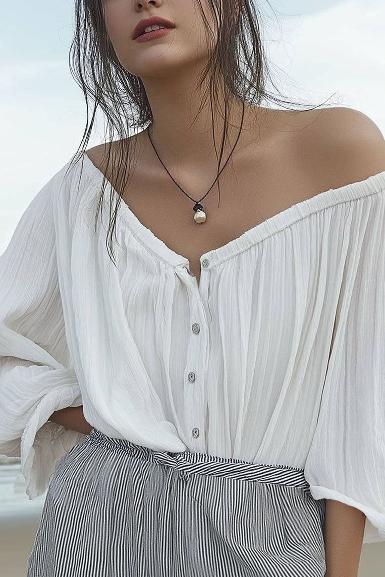 Casual Daily Loose Tops Buttoned Elastic Off-shoulder Shirt