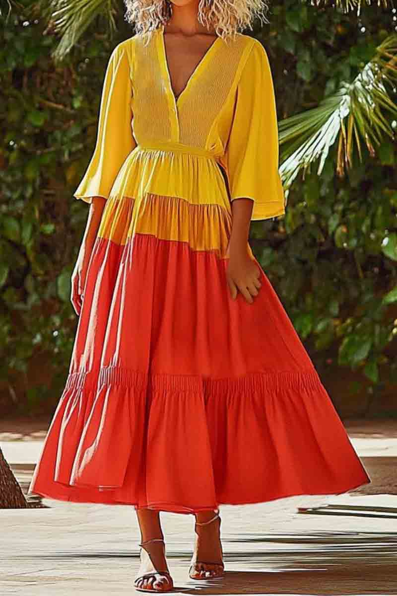 Vacation Casual Loose Dress Yellow V Neck Ruffle 3/4 Length Sleeve Maxi Dress