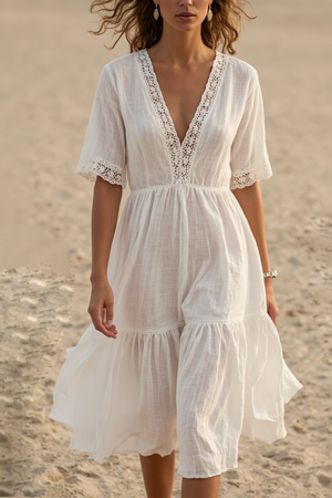 Vacation Casual Loose Dress White V Neck Lace Ruffle Half Sleeve Midi Dress