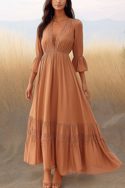 Bohemian Vintage Dress Deep V Neck Ruffle Sleeve Lace Maxi Dress