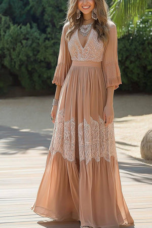 Vacation Bohemian Dress Lace V-Neck Light Orange Floor-Length Dress