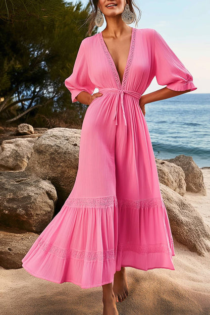 Casual Vacation Linen Dress Pink Tie Deep V Maxi Dress