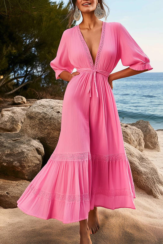 Casual Vacation Linen Dress Pink Tie Deep V Maxi Dress