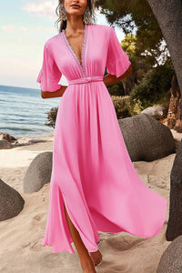 Casual Vacation Linen Dress Pink Side Slit Deep V Maxi Dress