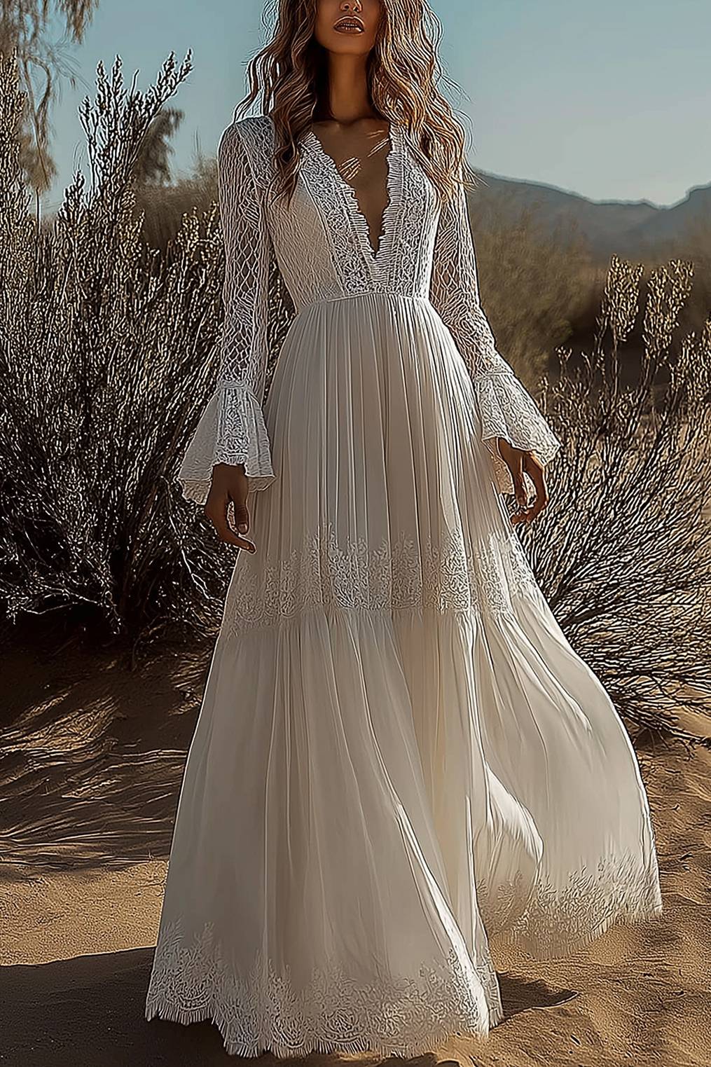 Bohemian Lace Dress Deep V Long Sleeve Ruffled Chiffon Maxi Dress