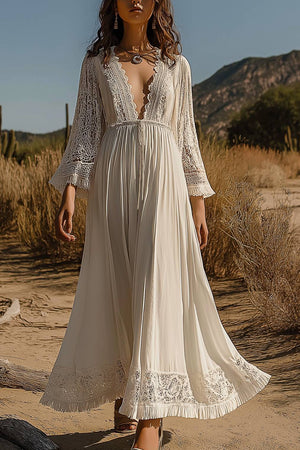 Bohemian Vacation Lace Dress Deep V Long Sleeve Tied Chiffon Maxi Dress