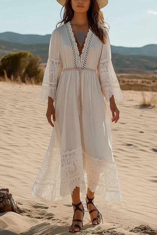 Bohemian Vacation Lace Dress Deep V Long Sleeve Belted Maxi Dress