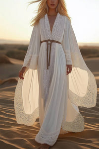 Vacation Casual Lace Dress Deep V Loose Cape Sleeve Belted Floor-Length Dress