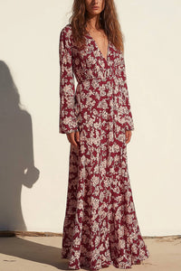 Casual Daily Floral Dress Deep V Long Sleeve Floor-Length Dress