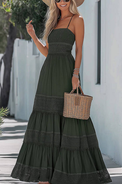 Bohemian Casual Dress Green Lace Strap Tiered Floor-Length Dress