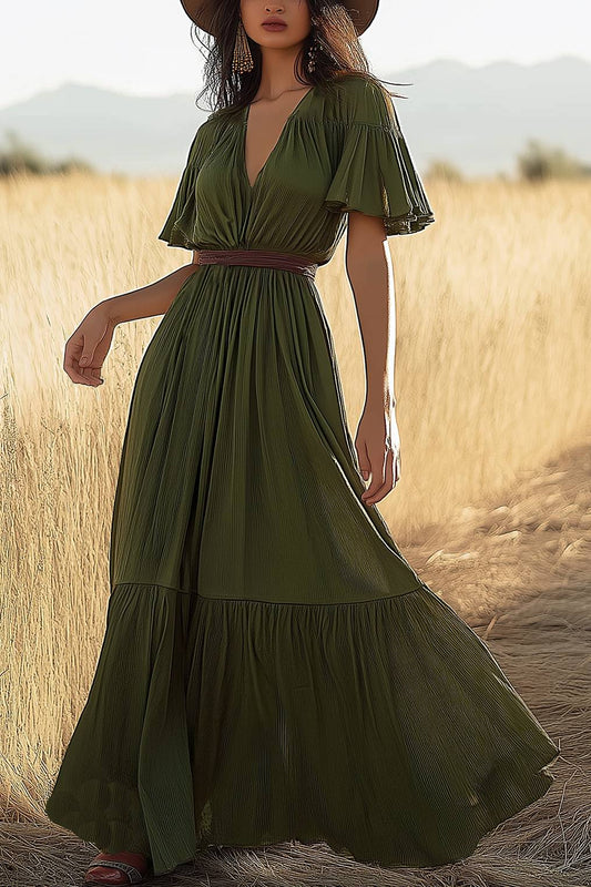 Bohemian Vintage Dress Green V-Neck Ruffled Sleeve Maxi Dress