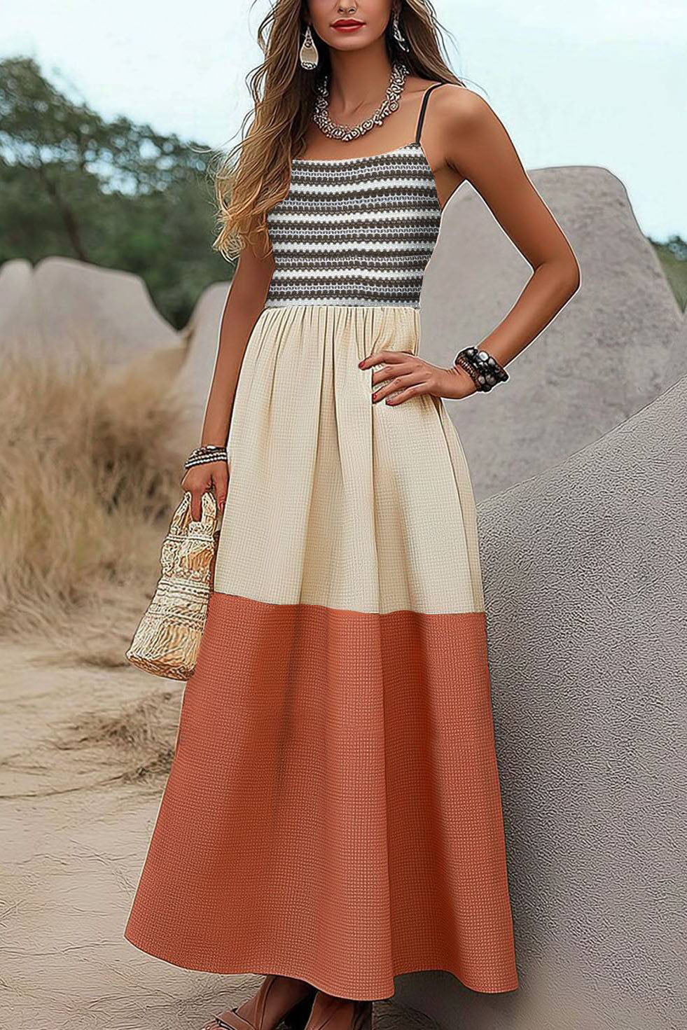 Bohemian Ethnic Style Strap Dress Color Block Maxi Dress