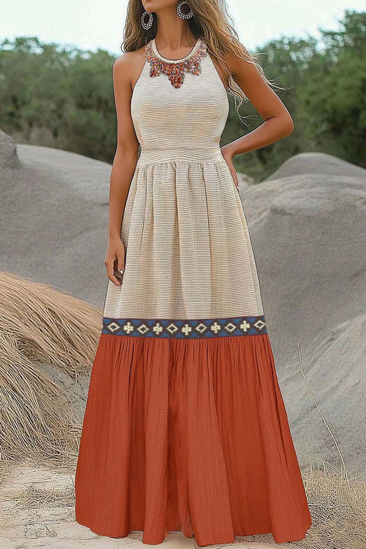 Bohemian Vacation Linen Dress Halter Color Block Maxi Dress