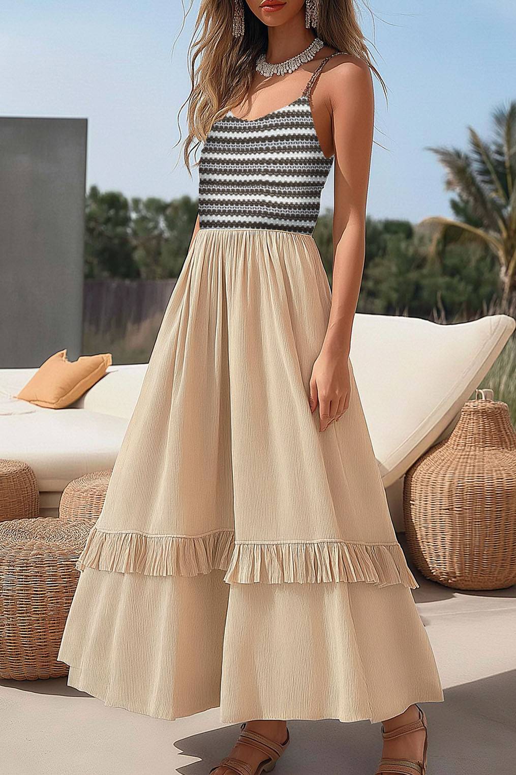 Bohemian Casual Dress Color Block Slip Tiered Ruffle Maxi Dress