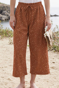 Casual Daily Print Pants Brown Linen Floral Drawstring Straight-Leg Pants